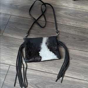 Genuine fur cowhide and leather fringe crossbody bag black and white